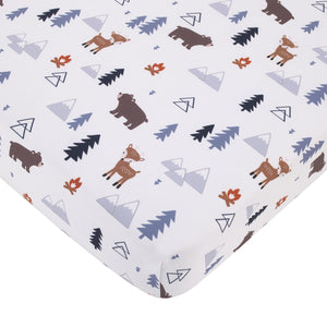 Little Love by NoJo National Park Navy, Gray, Tan, and White Forest Friends Nursery Fitted Crib Sheet