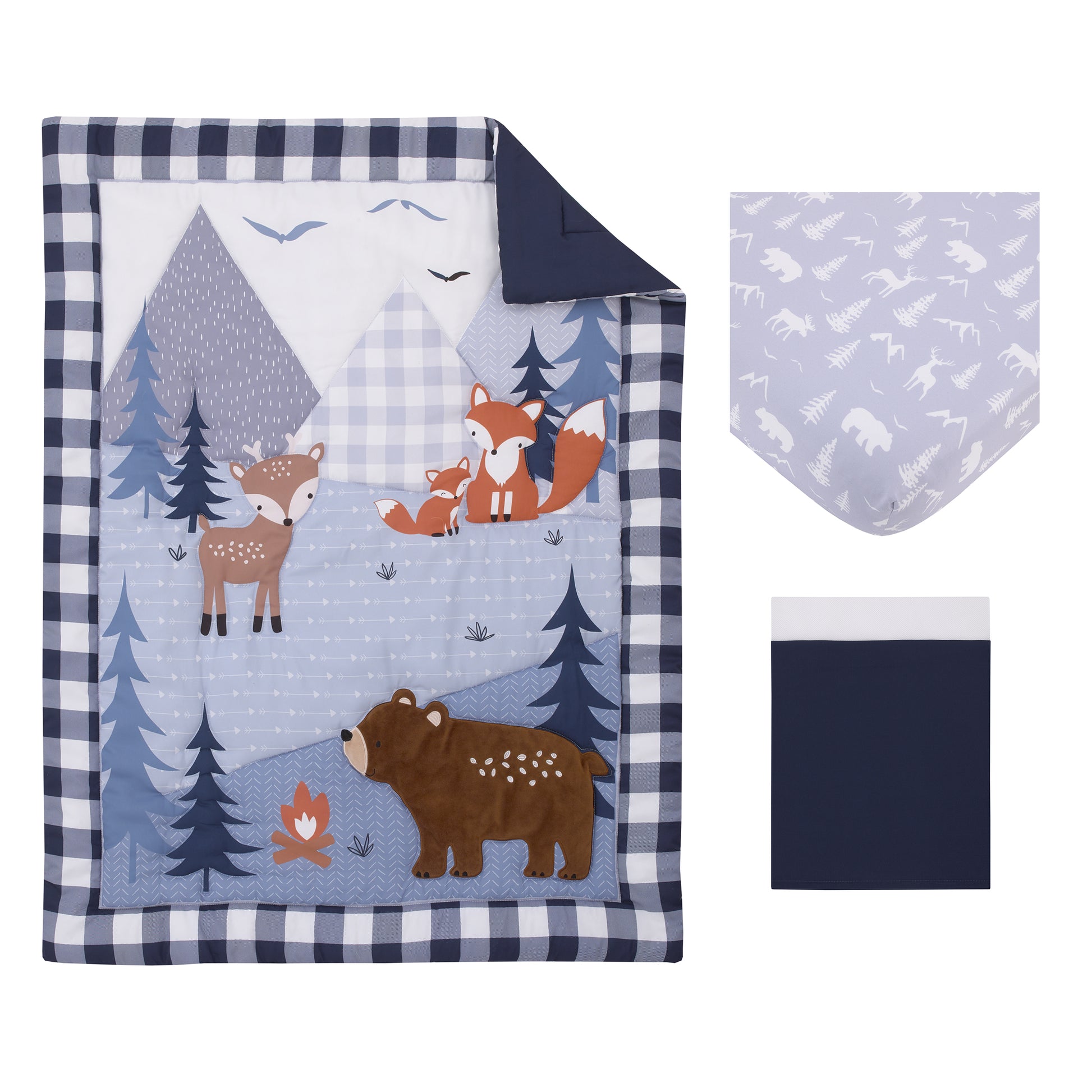 Little Love by NoJo National Park Navy Buffalo Check, Gray, Blue, and Brown Camping Bear, Deer, and Fox 3 Piece Nursery Crib Bedding Set - Comforter, Fitted Crib Sheet, and Crib Skirt