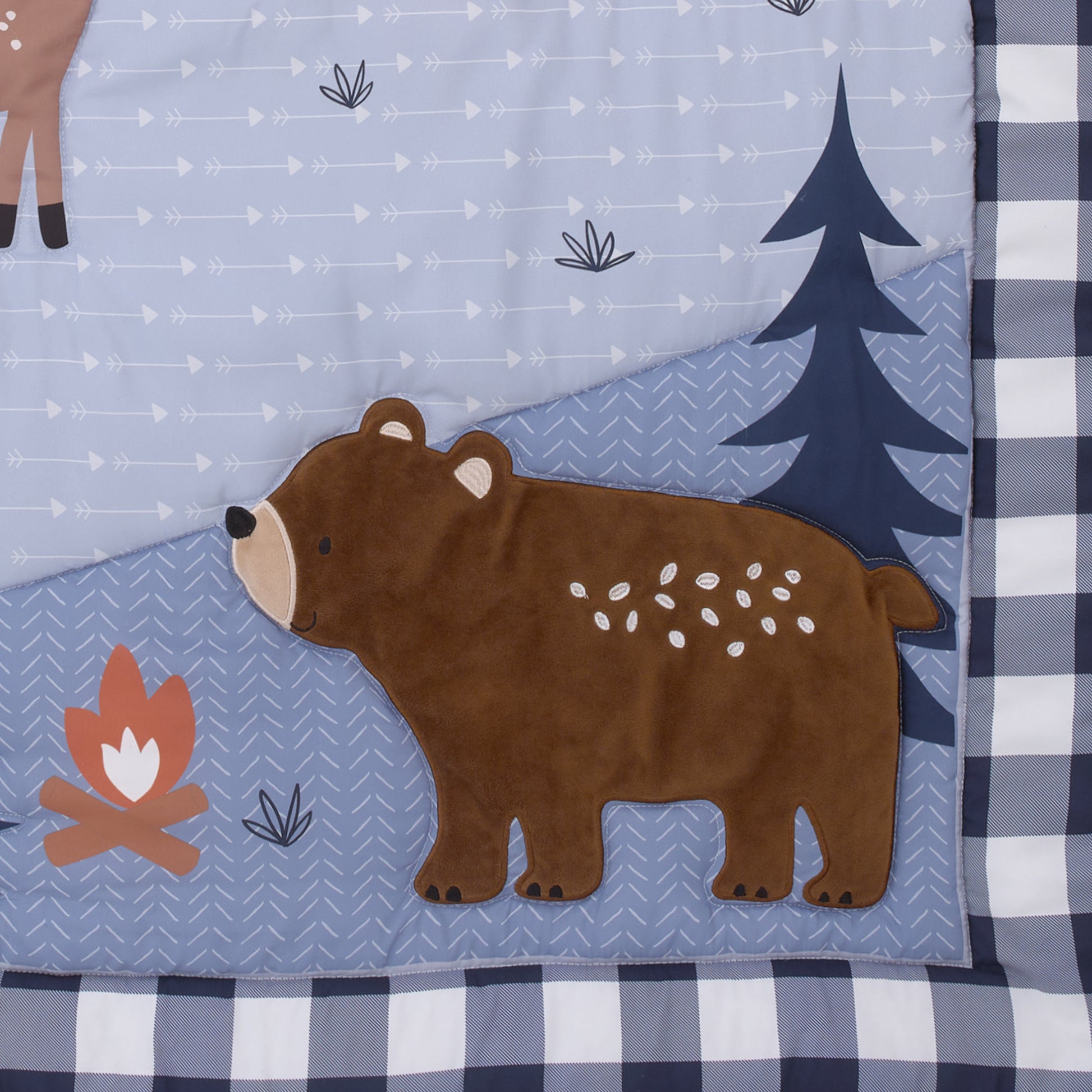 Little Love by NoJo National Park Navy Buffalo Check, Gray, Blue, and Brown Camping Bear, Deer, and Fox 3 Piece Nursery Crib Bedding Set - Comforter, Fitted Crib Sheet, and Crib Skirt
