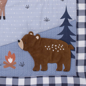 Little Love by NoJo National Park Navy Buffalo Check, Gray, Blue, and Brown Camping Bear, Deer, and Fox 3 Piece Nursery Crib Bedding Set - Comforter, Fitted Crib Sheet, and Crib Skirt