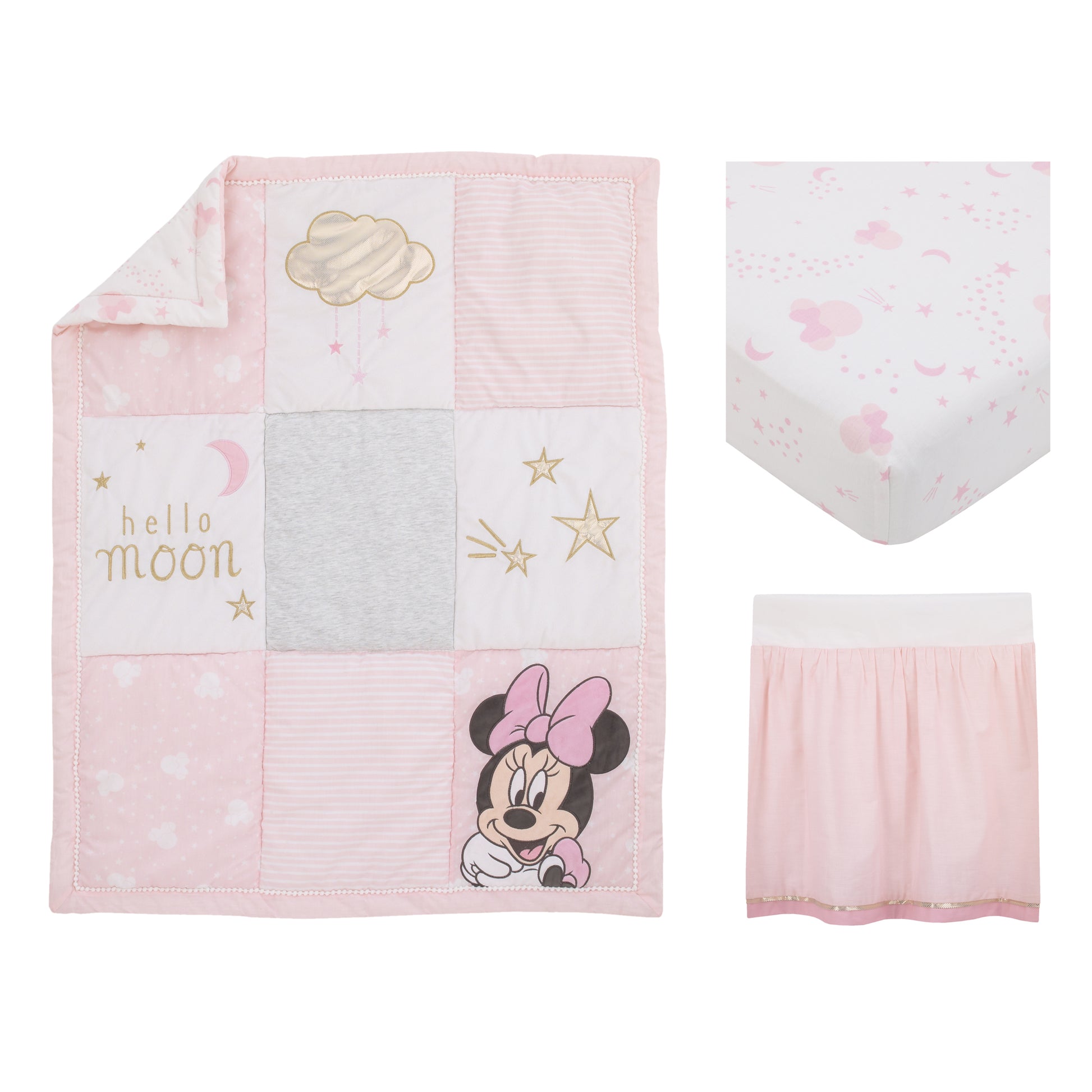Disney Minnie Mouse Twinkle Twinkle Minnie Pink, White and Metallic Gold 3 Piece Crib Bedding Set