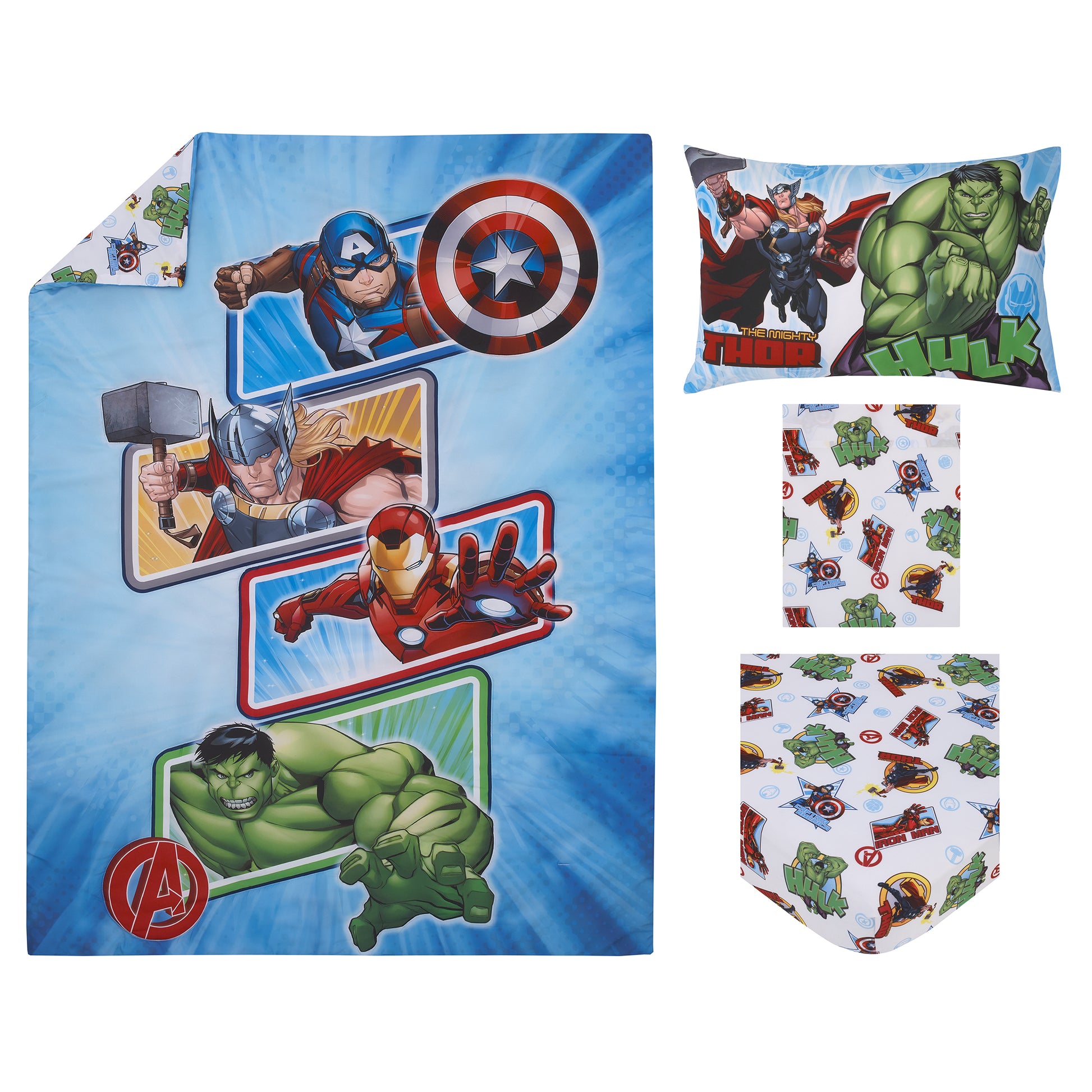 Marvel The Avengers I Am A Hero Blue, Green, Red, and Yellow 4 Piece Toddler Bed Set - Comforter, Fitted Bottom Sheet, Flat Top Sheet, and Reversible Pillowcase