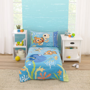 Disney Finding Nemo Aqua, Orange, and Green Let's Explore 4 Piece Toddler Bed Set - Comforter, Fitted Bottom Sheet, Flat Top Sheet, and Reversible Pillowcase