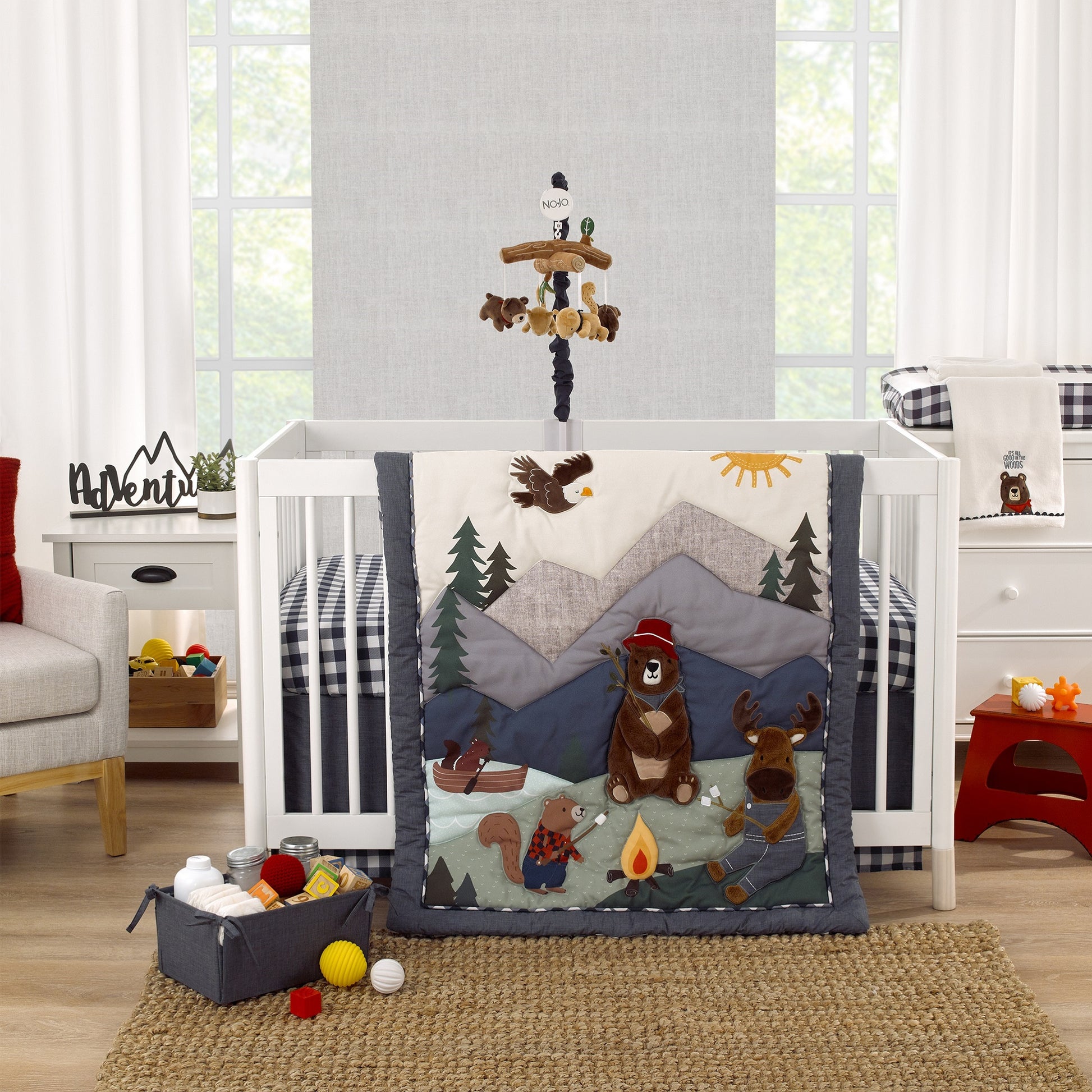NoJo Into the Wilderness Brown, Tan and Navy, Logs, Bear and Beaver Plush Musical Mobile