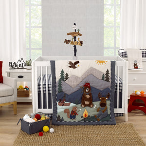 NoJo Into the Wilderness Brown, Tan and Navy, Logs, Bear and Beaver Plush Musical Mobile