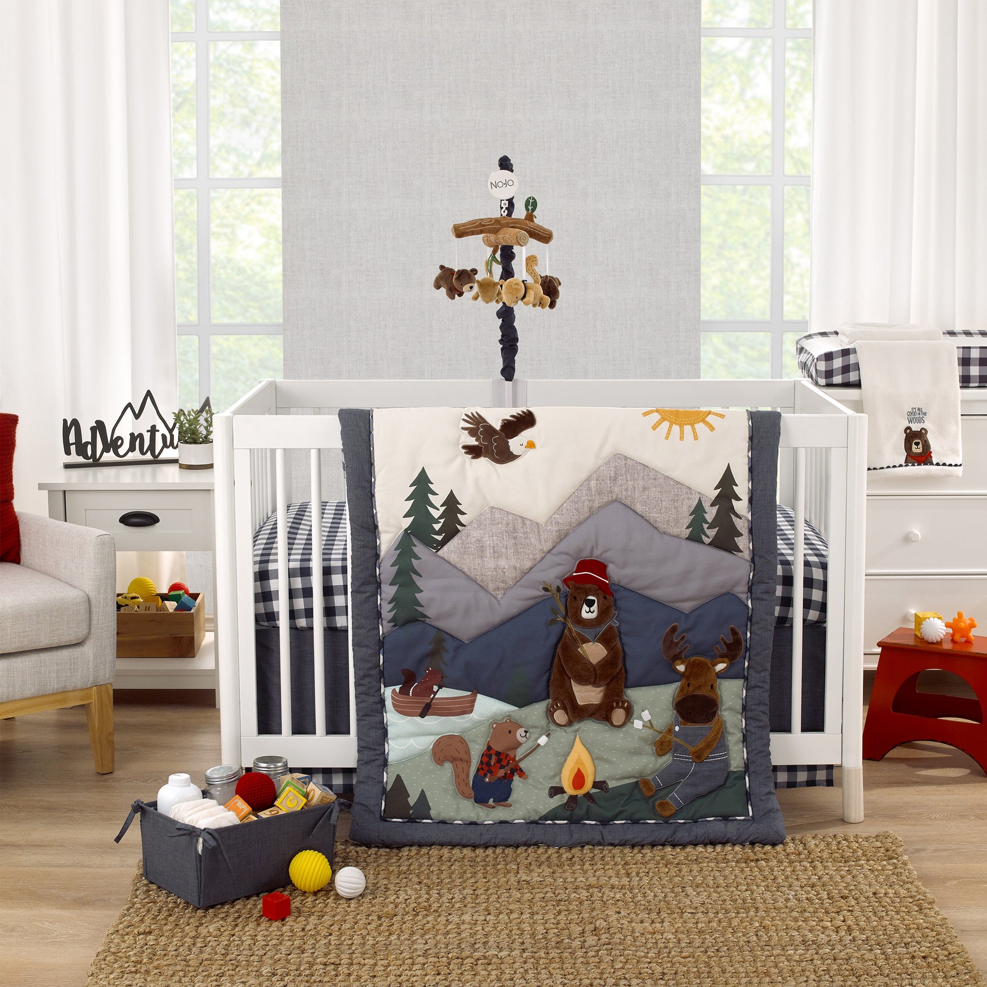 NoJo Into the Wilderness White, Navy, and Brown Bear 'It's All Good in the Woods' Super Soft Applique Baby Blanket with Trim