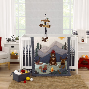 NoJo Into the Wilderness White, Navy, and Brown Bear 'It's All Good in the Woods' Super Soft Applique Baby Blanket with Trim