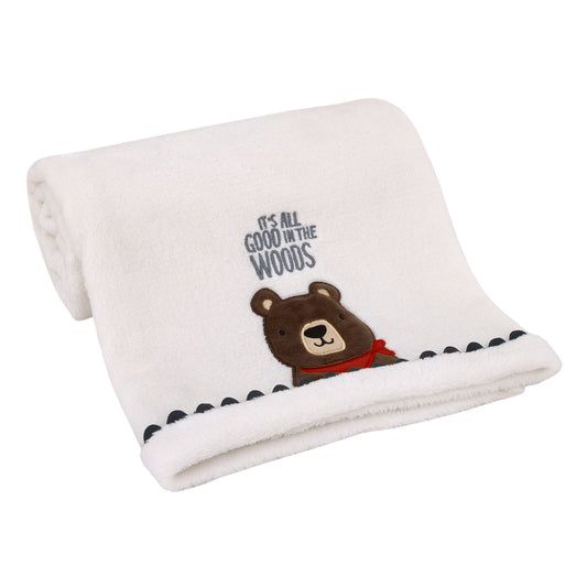 NoJo Into the Wilderness White, Navy, and Brown Bear 'It's All Good in the Woods' Super Soft Applique Baby Blanket with Trim