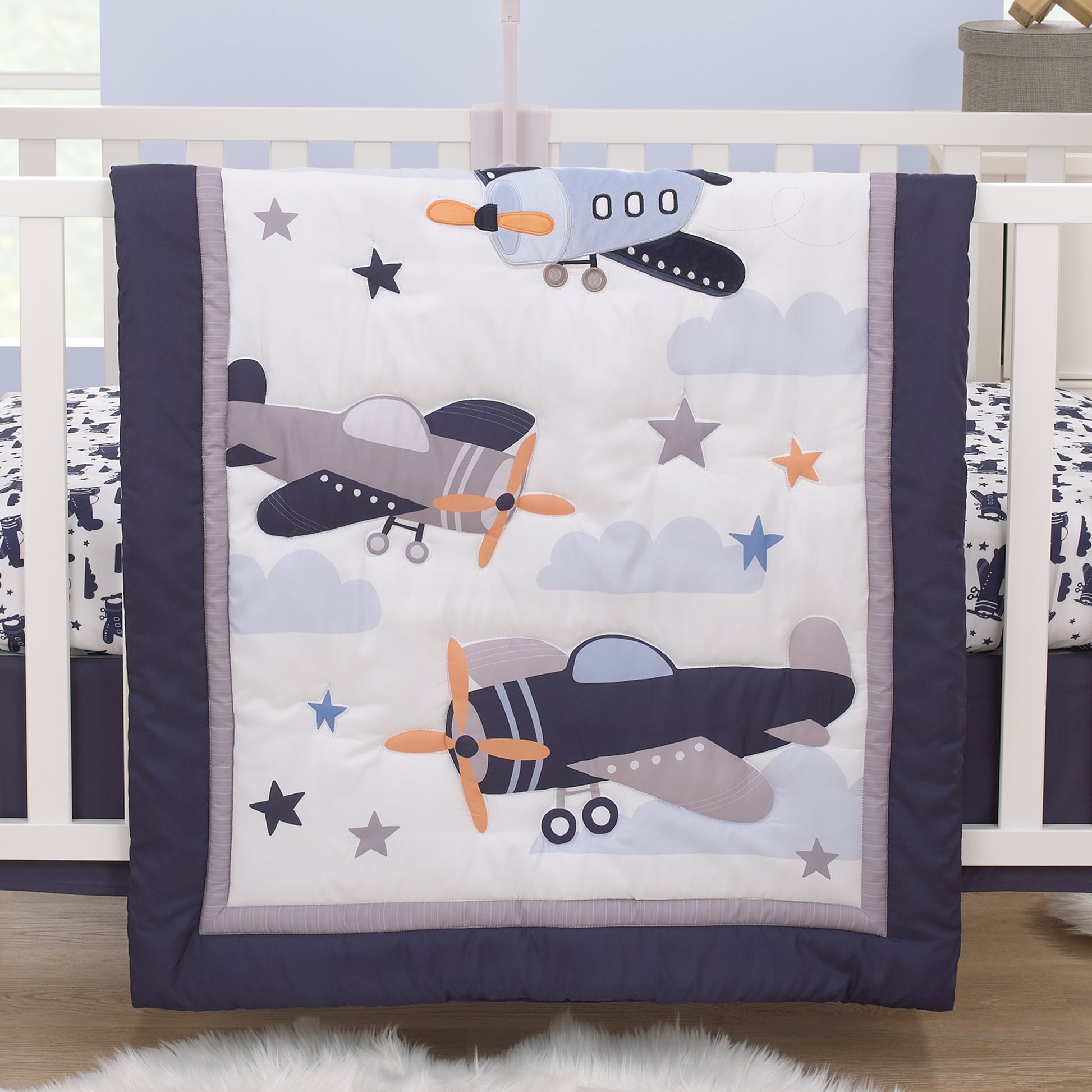 Little Love by NoJo Soar High Little One Navy, Light Blue, Orange, and White Airplanes, Clouds, and Stars 3 Piece Nursery Crib Bedding Set - Comforter, Fitted Crib Sheet and Crib Skirt
