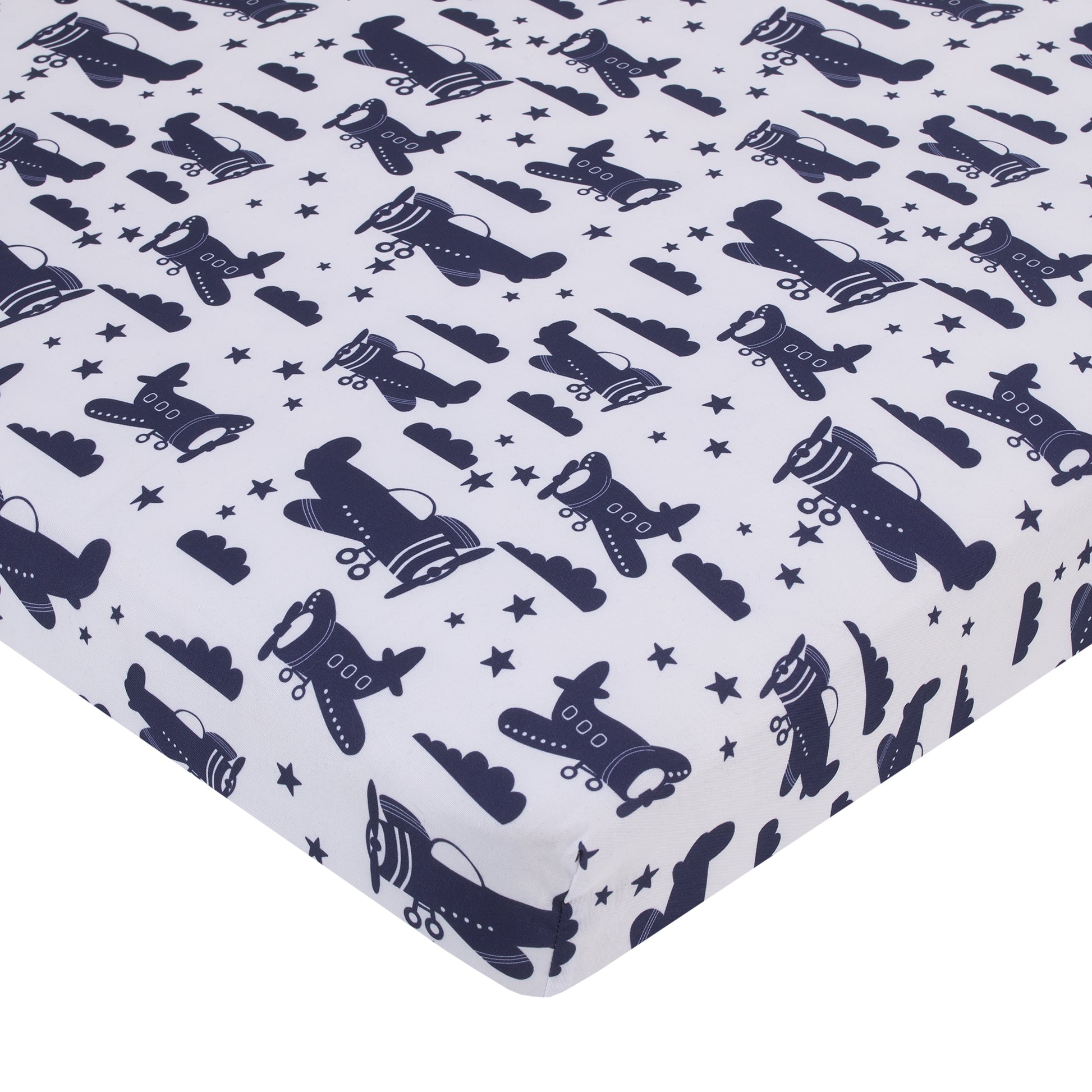Little Love by NoJo Soar High Little One Navy, Light Blue, Orange, and White Airplanes, Clouds, and Stars 3 Piece Nursery Mini Crib Bedding Set - Comforter, and Two Fitted Mini Crib Sheets