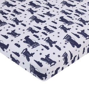 Little Love by NoJo Soar High Little One Navy, Light Blue, Orange, and White Airplanes, Clouds, and Stars 3 Piece Nursery Mini Crib Bedding Set - Comforter, and Two Fitted Mini Crib Sheets