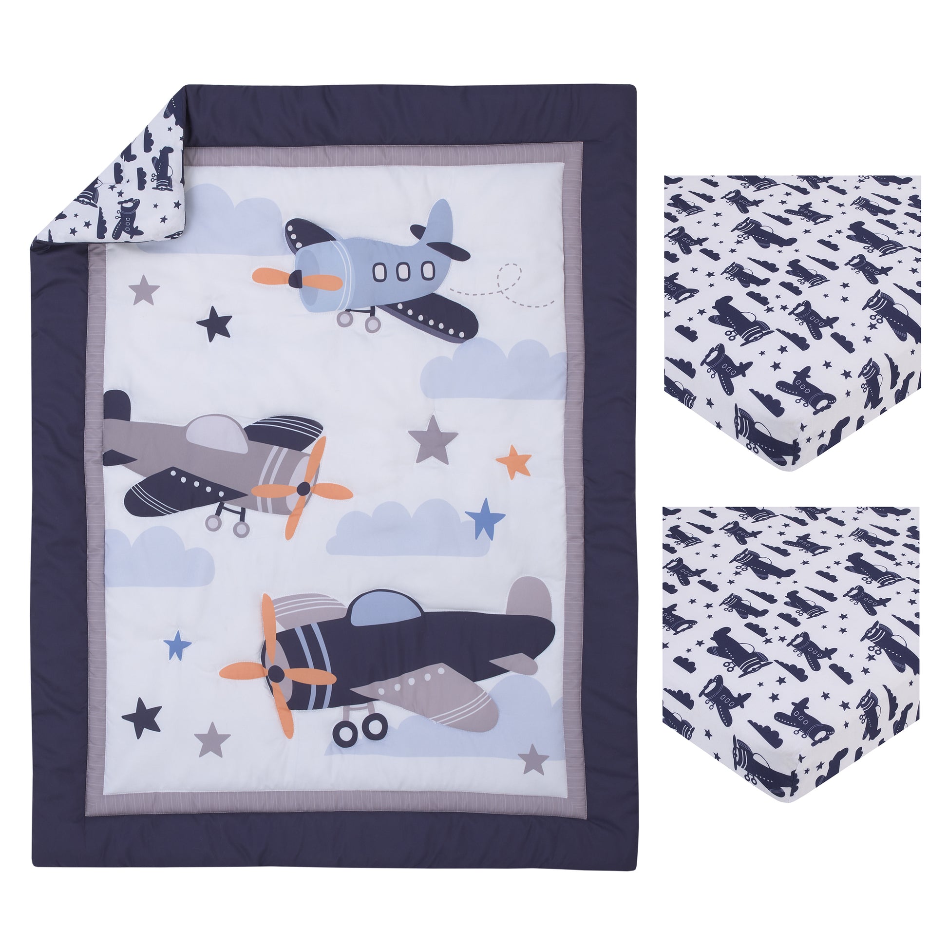 Little Love by NoJo Soar High Little One Navy, Light Blue, Orange, and White Airplanes, Clouds, and Stars 3 Piece Nursery Mini Crib Bedding Set - Comforter, and Two Fitted Mini Crib Sheets