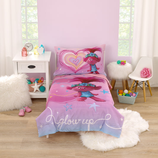 Trolls Show Up Glow Up Pink and Blue, Hearts and Stars 4 Piece Toddler Bed Set - Comforter, Fitted Bottom Sheet, Flat Top Sheet, and Reversible Pillowcase