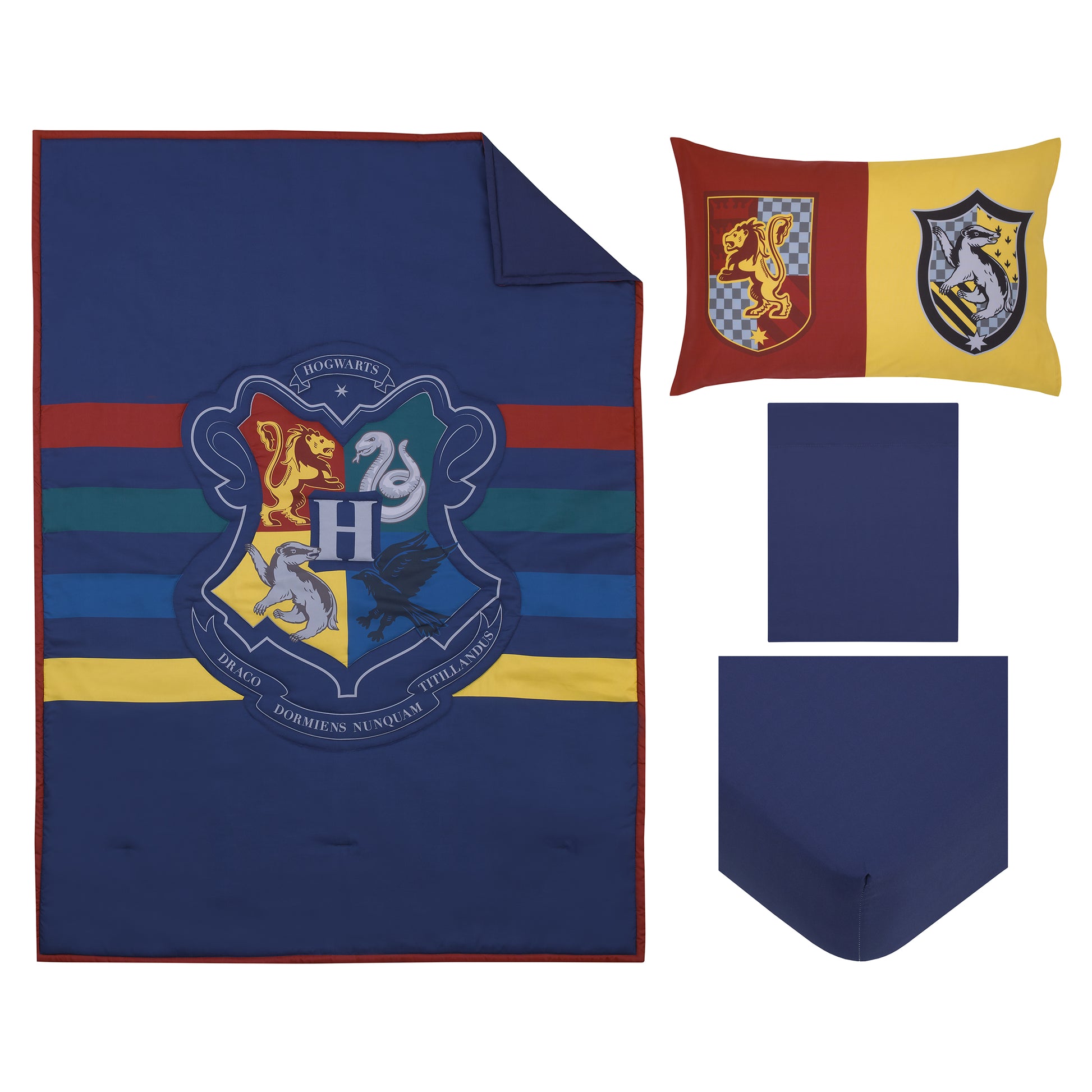 Warner Bros  Harry Potter Wizarding World Navy, Gold, and Burgundy 4 Piece Toddler Bed Set - Comforter, Fitted Bottom Sheet, Flat Top Sheet, and Reversible Pillowcase