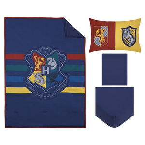 Warner Bros  Harry Potter Wizarding World Navy, Gold, and Burgundy 4 Piece Toddler Bed Set - Comforter, Fitted Bottom Sheet, Flat Top Sheet, and Reversible Pillowcase