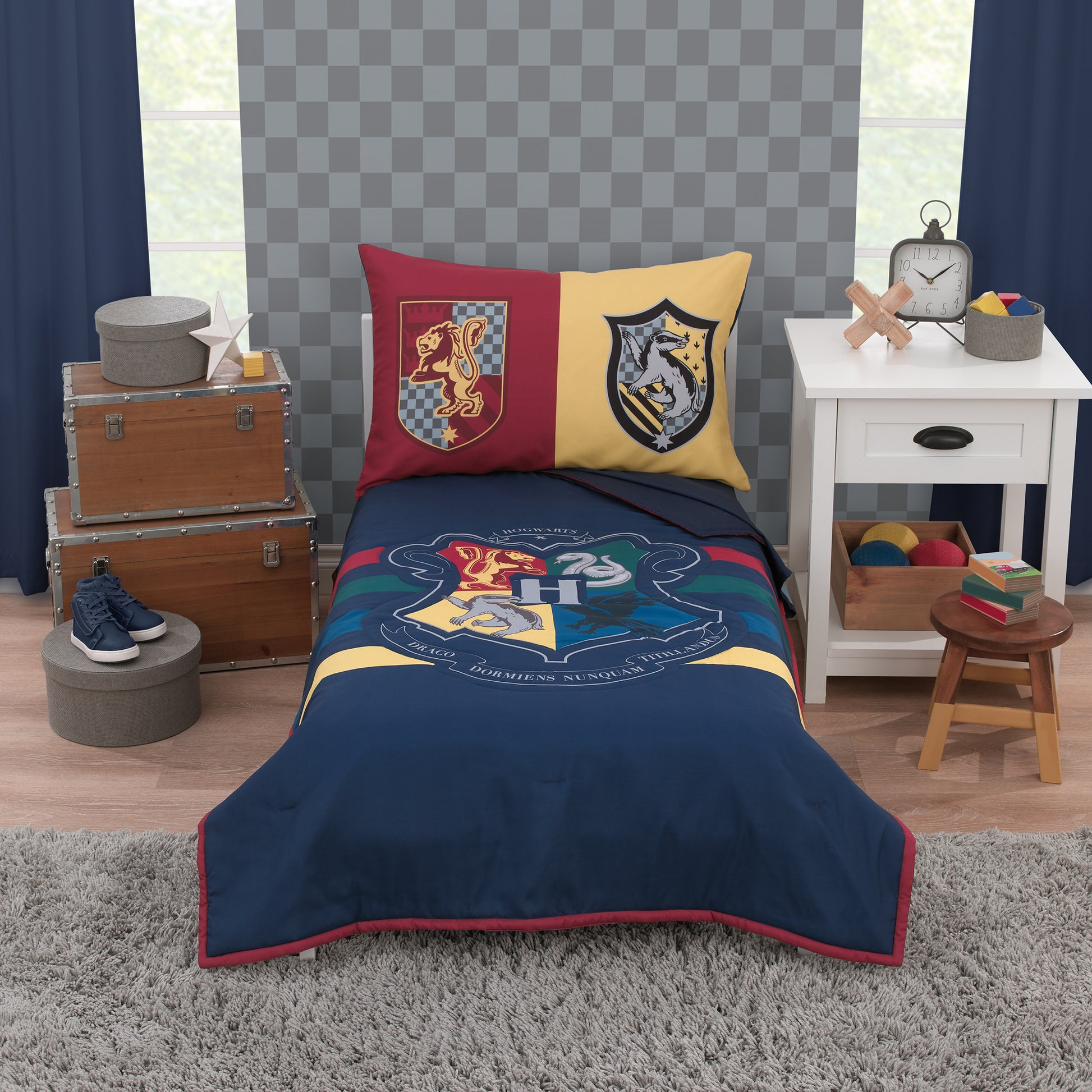 Warner Bros  Harry Potter Wizarding World Navy, Gold, and Burgundy 4 Piece Toddler Bed Set - Comforter, Fitted Bottom Sheet, Flat Top Sheet, and Reversible Pillowcase
