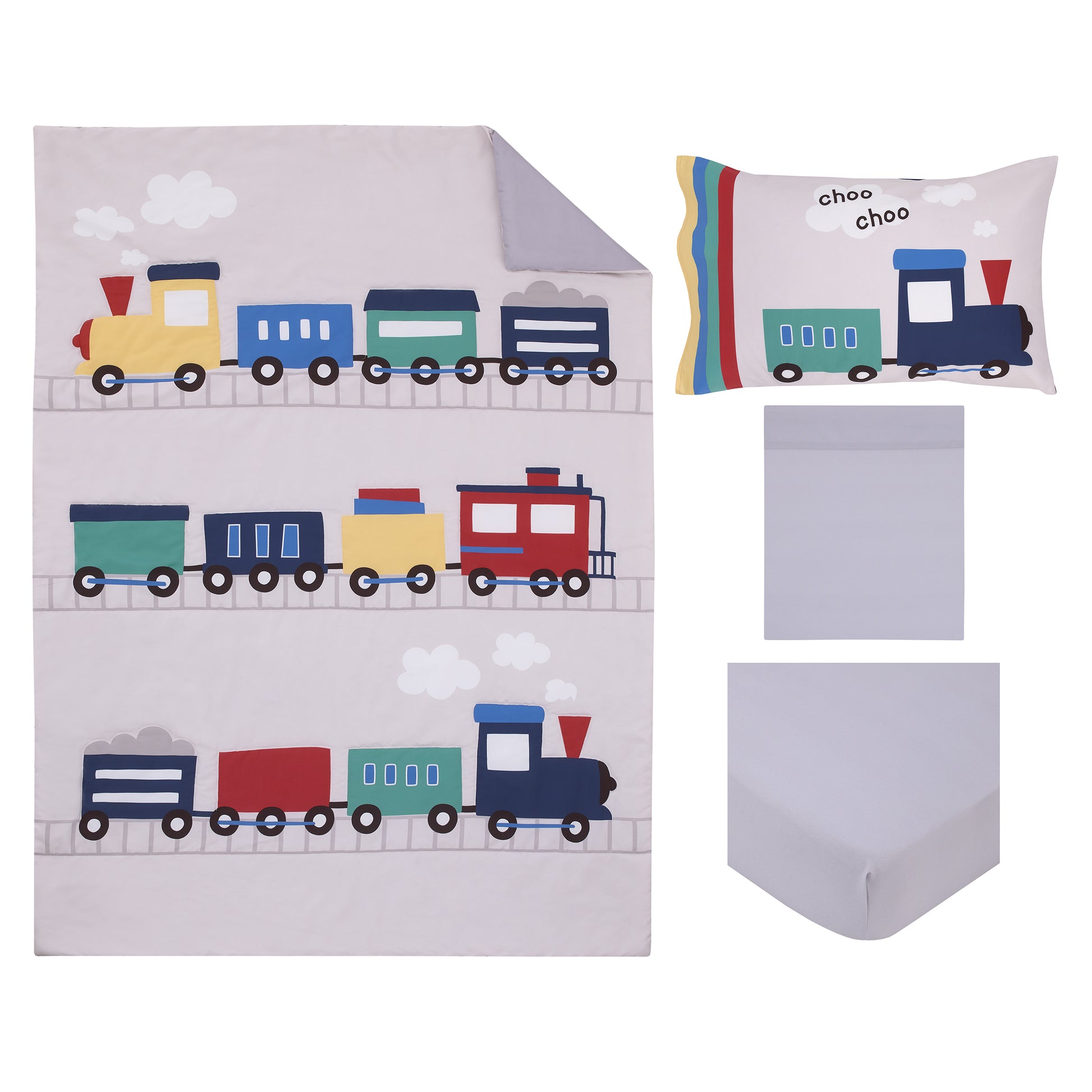 Everything Kids Choo Choo Train Gray, Blue, Red, and Yellow All Aboard 4 Piece Toddler Bed Set - Comforter, Fitted Bottom Sheet, Flat Top Sheet, Reversible Pillowcase