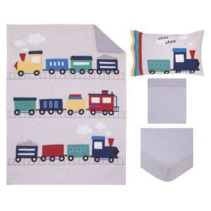 Everything Kids Choo Choo Train Gray, Blue, Red, and Yellow All Aboard 4 Piece Toddler Bed Set - Comforter, Fitted Bottom Sheet, Flat Top Sheet, Reversible Pillowcase