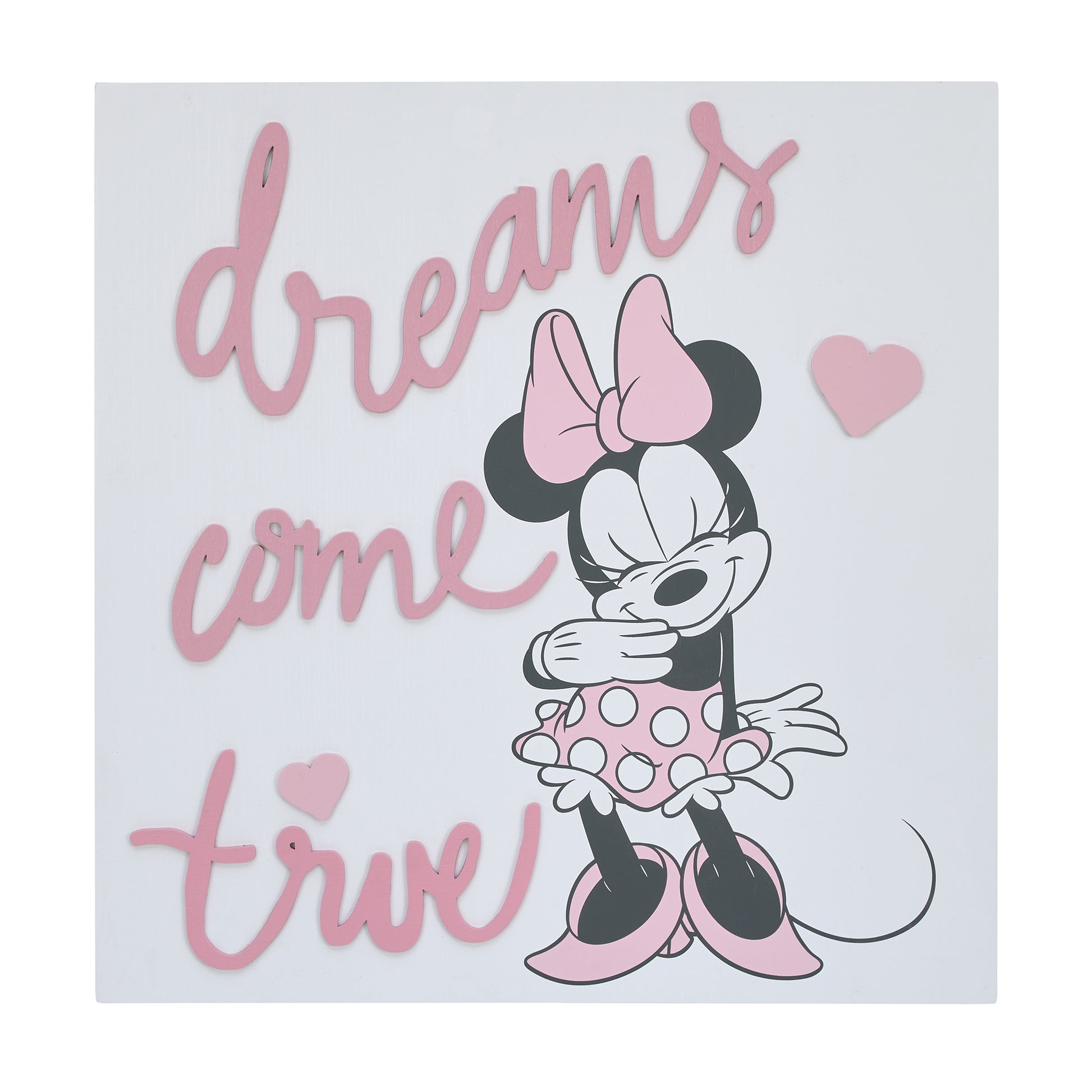 Disney Minnie Mouse Dreams Come True Pink and White Hearts Wood Wall DÃƒÆ’Ã‚Â©cor