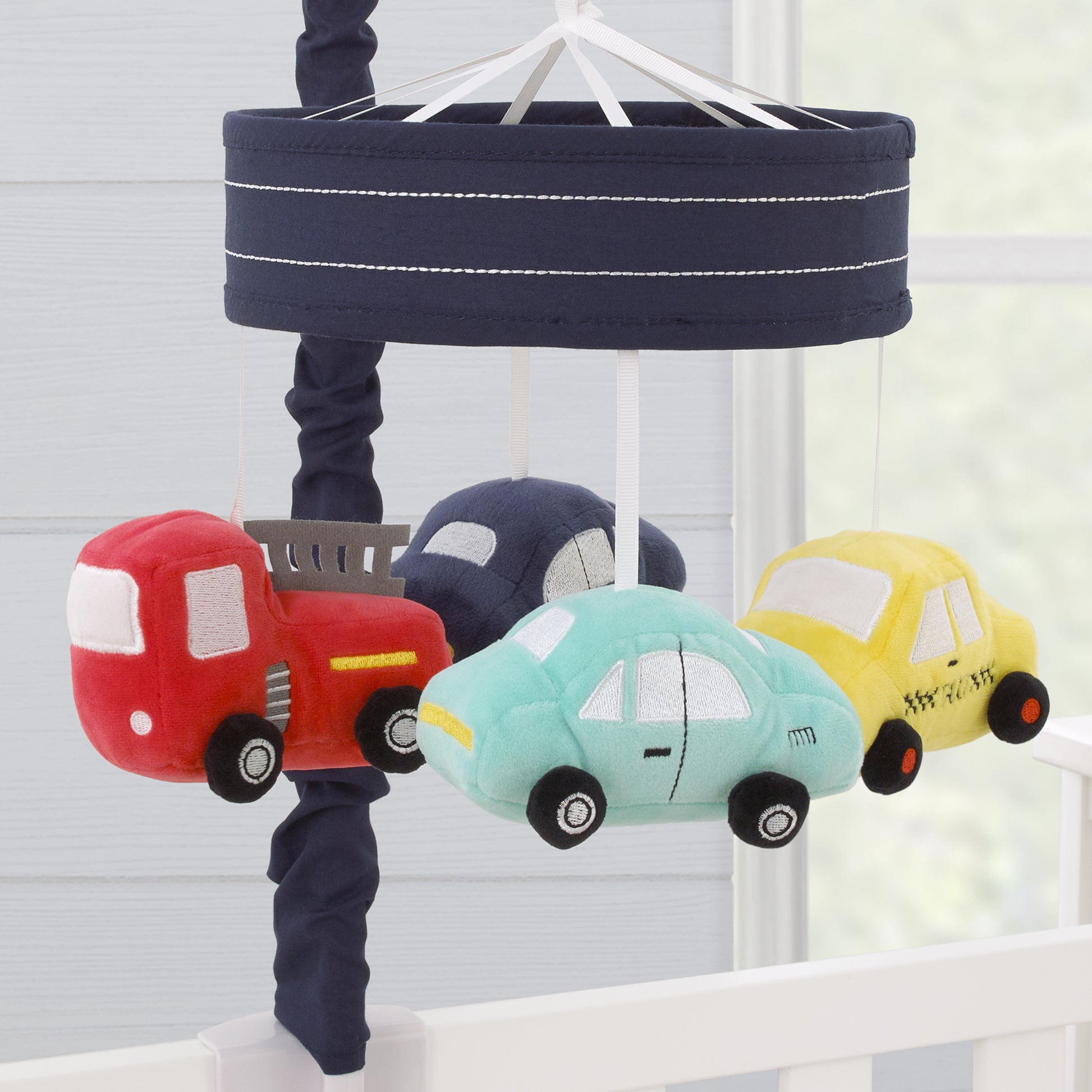 NoJo Transportation Trails Navy, Yellow, and Red Fire Engine, Cars, and Taxi Plush Musical Mobile