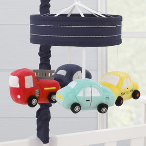 NoJo Transportation Trails Navy, Yellow, and Red Fire Engine, Cars, and Taxi Plush Musical Mobile