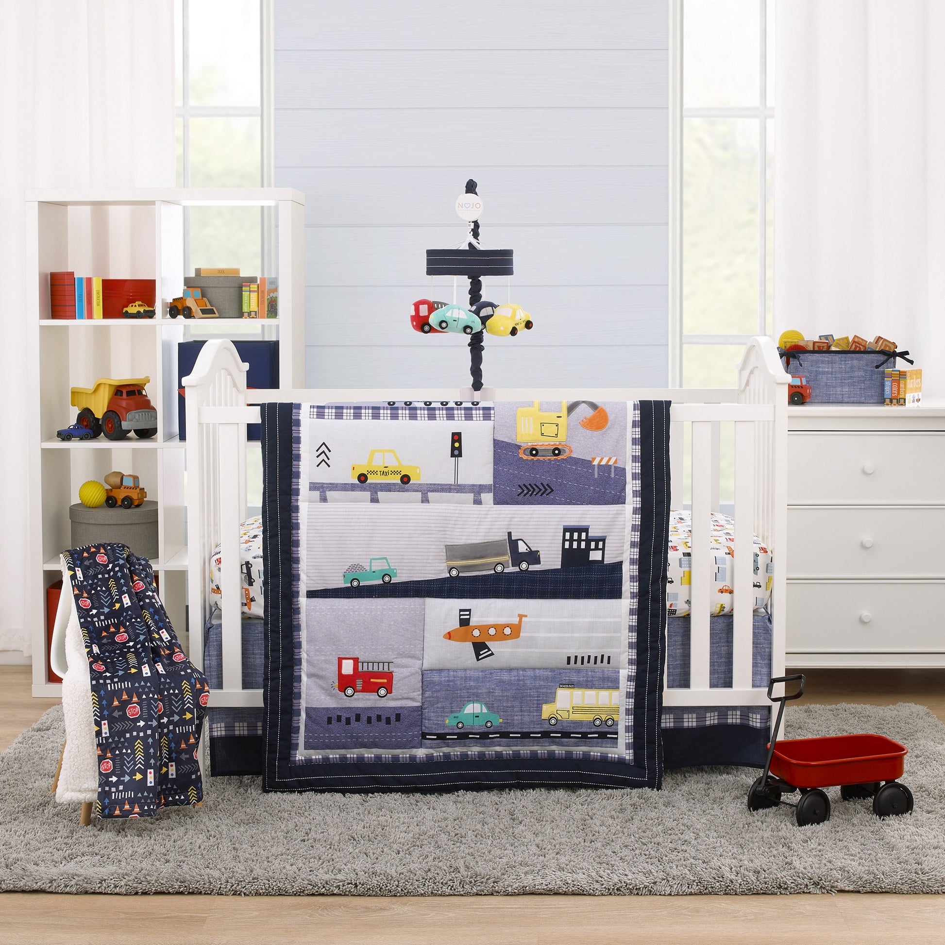 NoJo Transportation Trails Navy, Yellow, and Red Fire Engine, Cars, and Taxi Plush Musical Mobile