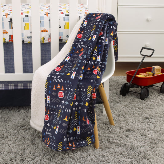 NoJo Transportation Trails Navy, Red, and Yellow Stop Light Super Soft Sherpa Baby Blanket
