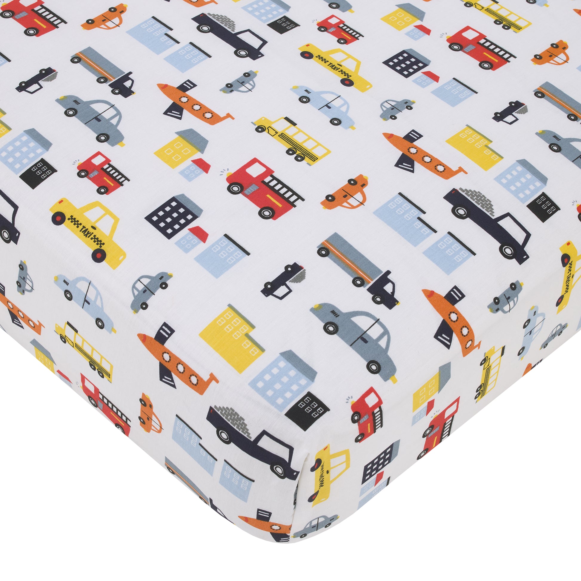 NoJo Transportation Trails Navy, Red, and Yellow Busy Cars, Trucks, Fire Engines 4 Piece Nursery Crib Bedding Set - Comforter, 100% Cotton Fitted Crib Sheet, Crib Skirt, and Nursery Organizer