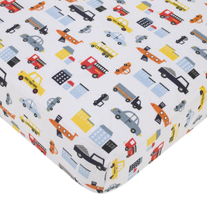 NoJo Transportation Trails Navy, Red, and Yellow Busy Cars, Trucks, Fire Engines 4 Piece Nursery Crib Bedding Set - Comforter, 100% Cotton Fitted Crib Sheet, Crib Skirt, and Nursery Organizer