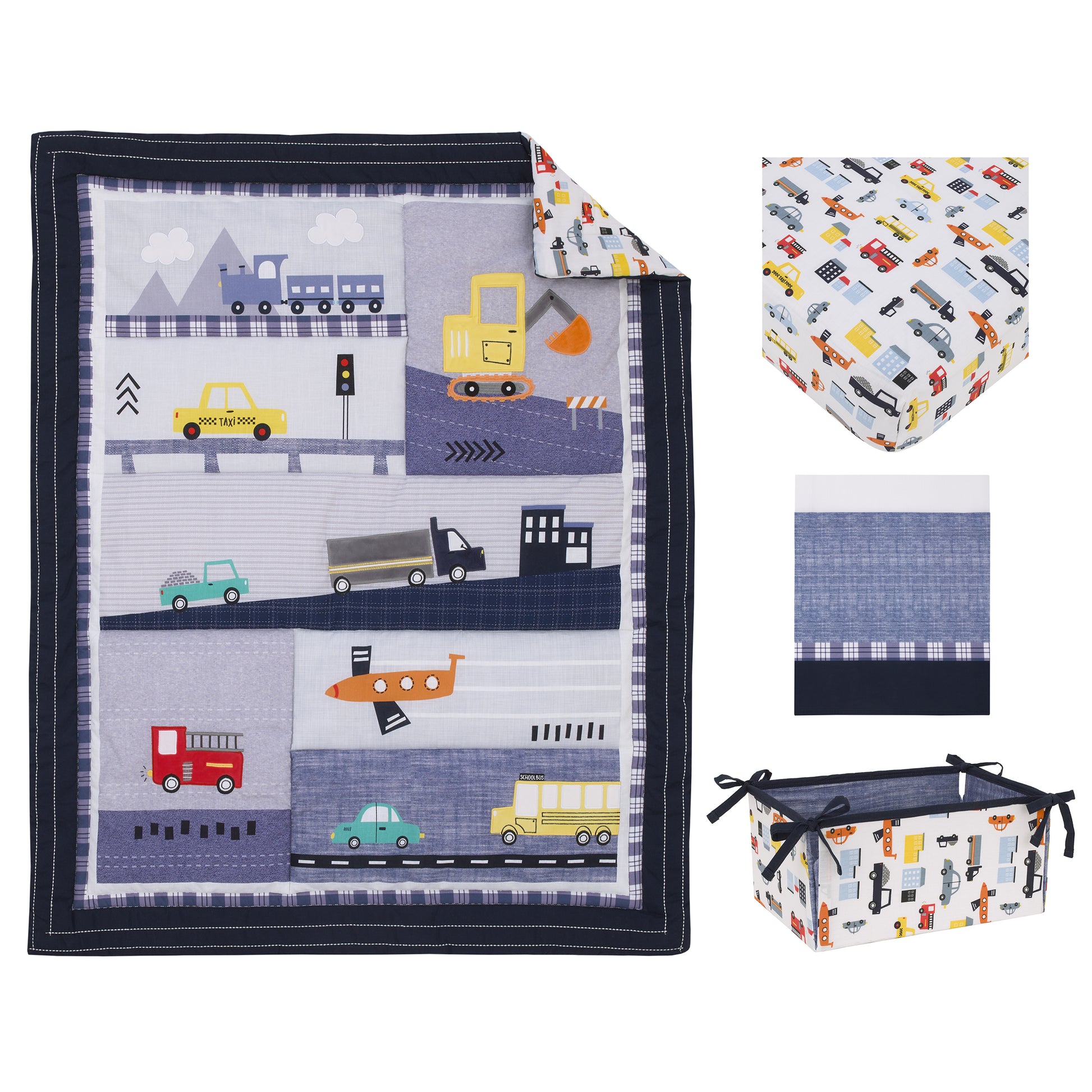 NoJo Transportation Trails Navy, Red, and Yellow Busy Cars, Trucks, Fire Engines 4 Piece Nursery Crib Bedding Set - Comforter, 100% Cotton Fitted Crib Sheet, Crib Skirt, and Nursery Organizer