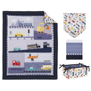 NoJo Transportation Trails Navy, Red, and Yellow Busy Cars, Trucks, Fire Engines 4 Piece Nursery Crib Bedding Set - Comforter, 100% Cotton Fitted Crib Sheet, Crib Skirt, and Nursery Organizer