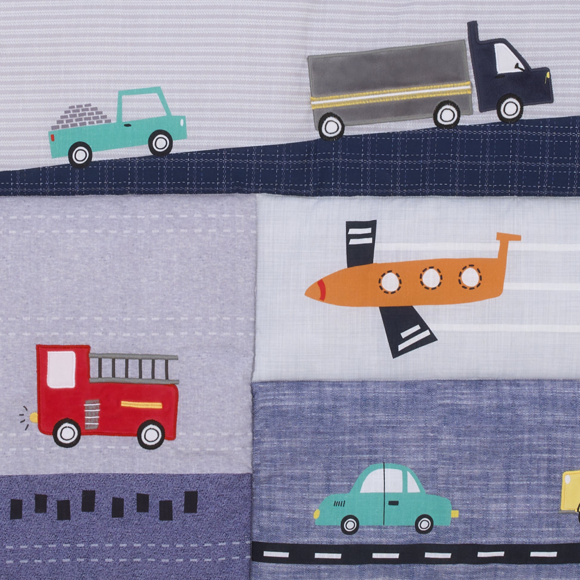 NoJo Transportation Trails Navy, Red, and Yellow Busy Cars, Trucks, Fire Engines 4 Piece Nursery Crib Bedding Set - Comforter, 100% Cotton Fitted Crib Sheet, Crib Skirt, and Nursery Organizer