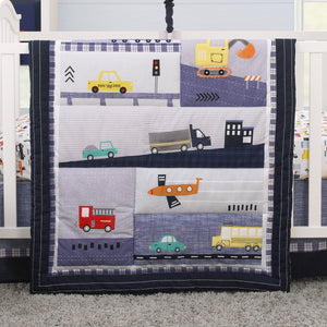NoJo Transportation Trails Navy, Red, and Yellow Busy Cars, Trucks, Fire Engines 4 Piece Nursery Crib Bedding Set - Comforter, 100% Cotton Fitted Crib Sheet, Crib Skirt, and Nursery Organizer