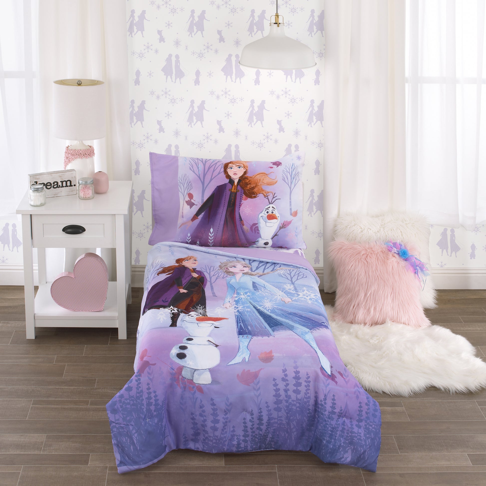 Disney Frozen 2 Lavender, Light Blue and Purple Forest Spirit 4 Piece Toddler Bed Set - Comforter, Fitted Bottom Sheet, Flat Top Sheet, Reversible Pillowcase