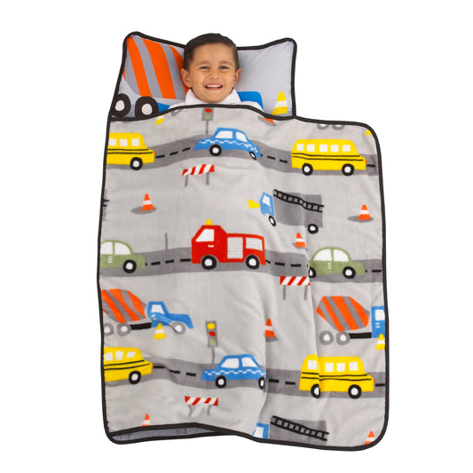 Everything Kids Grey, Red, Yellow and Blue Construction Toddler Nap Mat with Pillow and Blanket