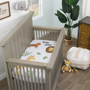 NoJo Jungle Trails White, Green, and Gold Stay Wild Animal Print with Leaves Photo Op 100% Cotton Nursery Fitted Crib Sheet