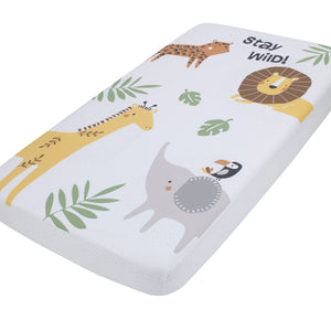 NoJo Jungle Trails White, Green, and Gold Stay Wild Animal Print with Leaves Photo Op 100% Cotton Nursery Fitted Crib Sheet