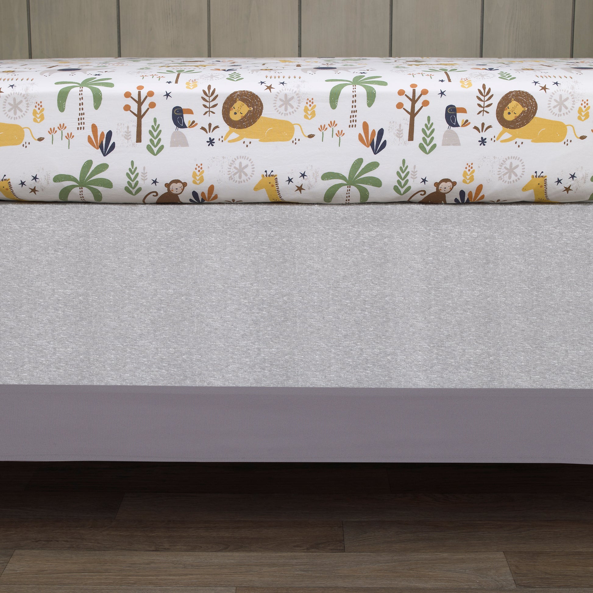 NoJo Jungle Trails Grey, Green and Gold Elephant, Lion and Giraffe 4 Piece Nursery Crib Bedding Set - Comforter, 100% Cotton Fitted Crib Sheet, Crib Skirt, and Storage