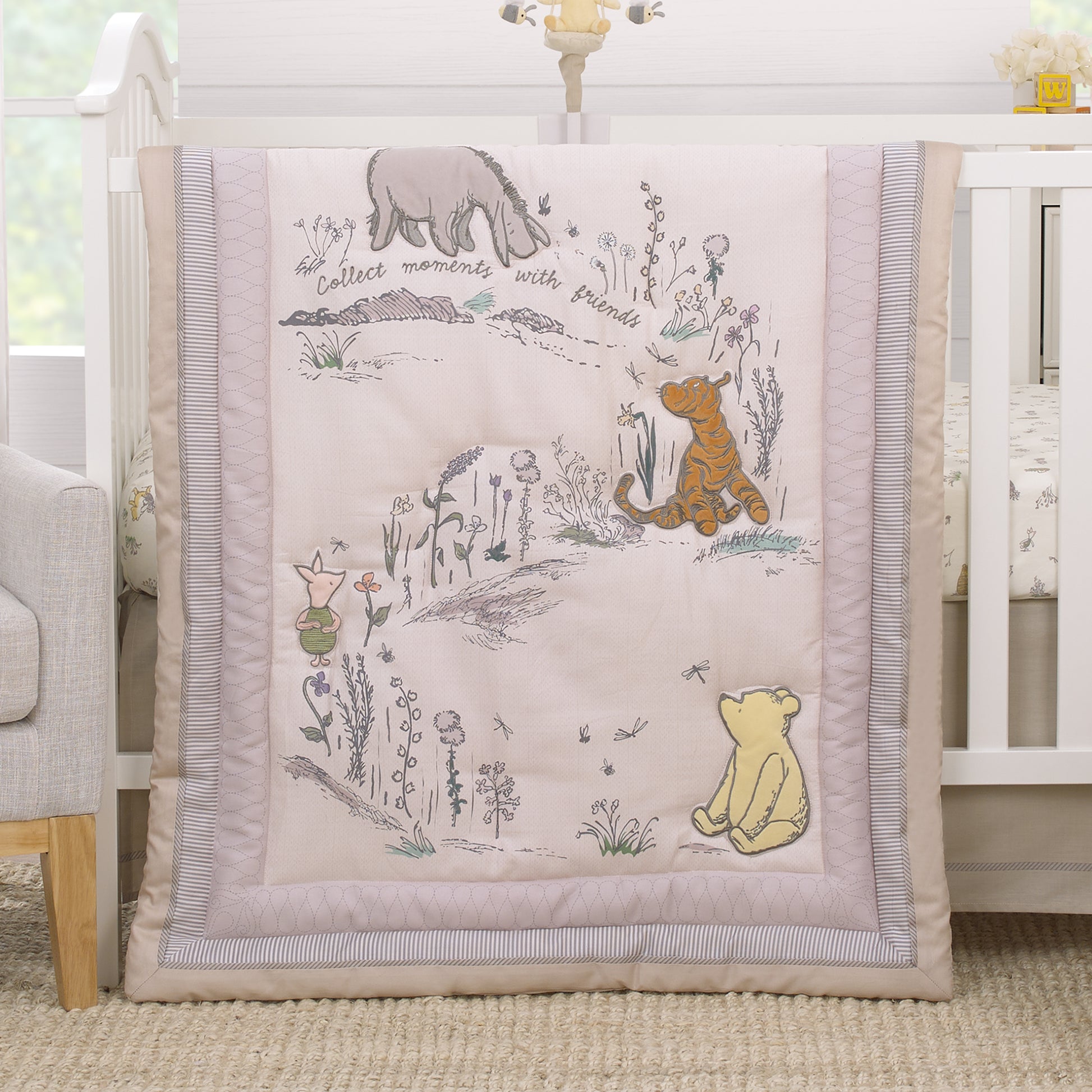 Disney Classic Pooh Naturally Friends Ivory and Taupe Piglet, Eeyore, and Tigger 3 Piece Nursery Crib Bedding Set - Comforter, 100% Cotton Fitted Crib Sheet, and Crib Skirt