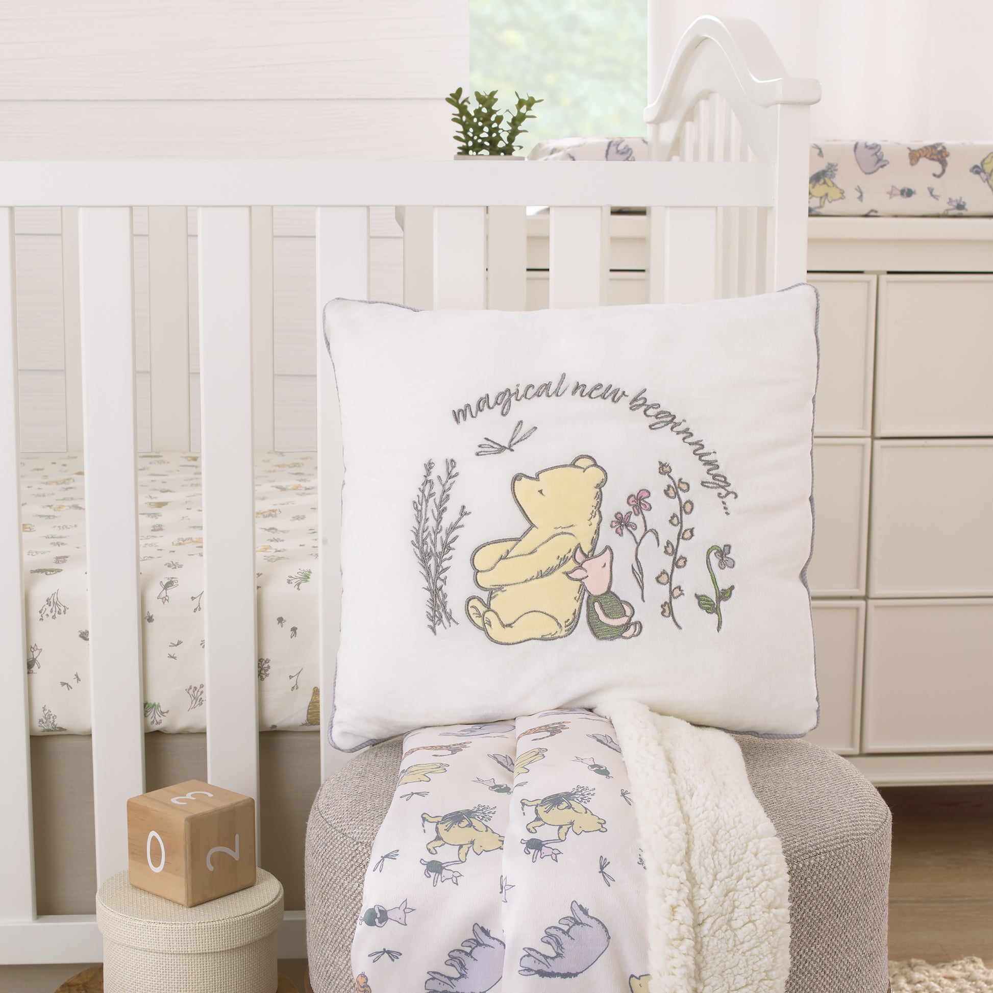 Disney Classic Pooh Naturally Friends Ivory and Taupe Magical New Beginnings Appliqued Decorative Pillow