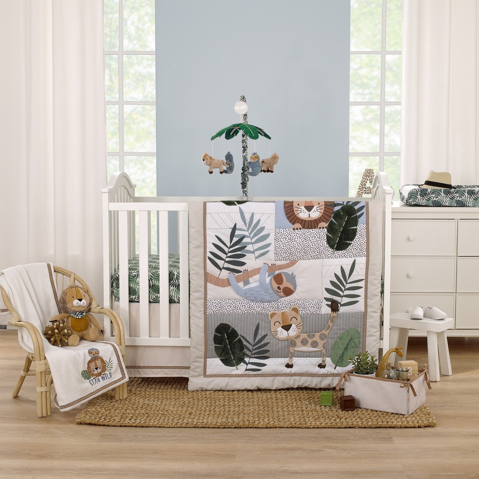 NoJo Jungle Paradise Green, Gray, and Tan Plush Leopard and Sloth Musical Mobile