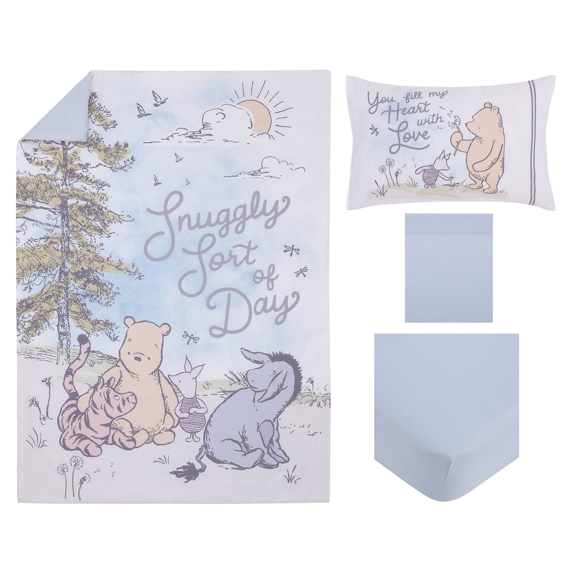 Disney Classic Winnie the Pooh Light Blue, Green, and Yellow, Snuggly Sort of Day 4 Piece Toddler Bed Set - Comforter, Fitted Bottom Sheet, Flat Top Sheet, and Reversible Pillowcase