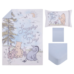 Disney Classic Winnie the Pooh Light Blue, Green, and Yellow, Snuggly Sort of Day 4 Piece Toddler Bed Set - Comforter, Fitted Bottom Sheet, Flat Top Sheet, and Reversible Pillowcase