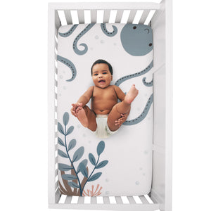 NoJo Explore Dream Discover Light Blue, Navy, and White Octopus 100% Cotton Nursery Photo Op Fitted Crib Sheet