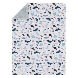 NoJo Explore Dream Discover Light Blue, Navy, Gray and Coral Super Soft Sherpa Baby Blanket