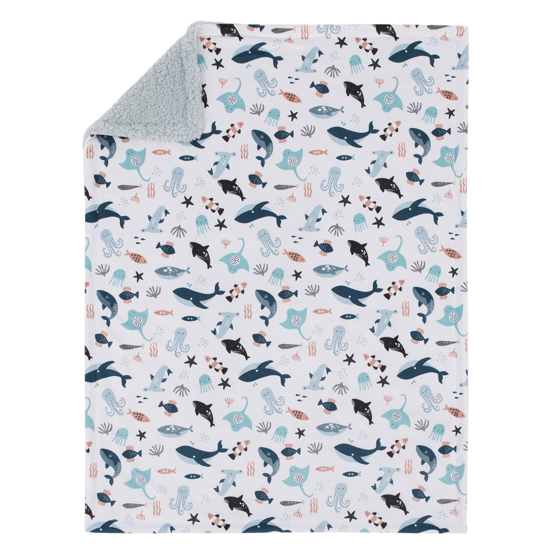 NoJo Explore Dream Discover Light Blue, Navy, Gray and Coral Super Soft Sherpa Baby Blanket