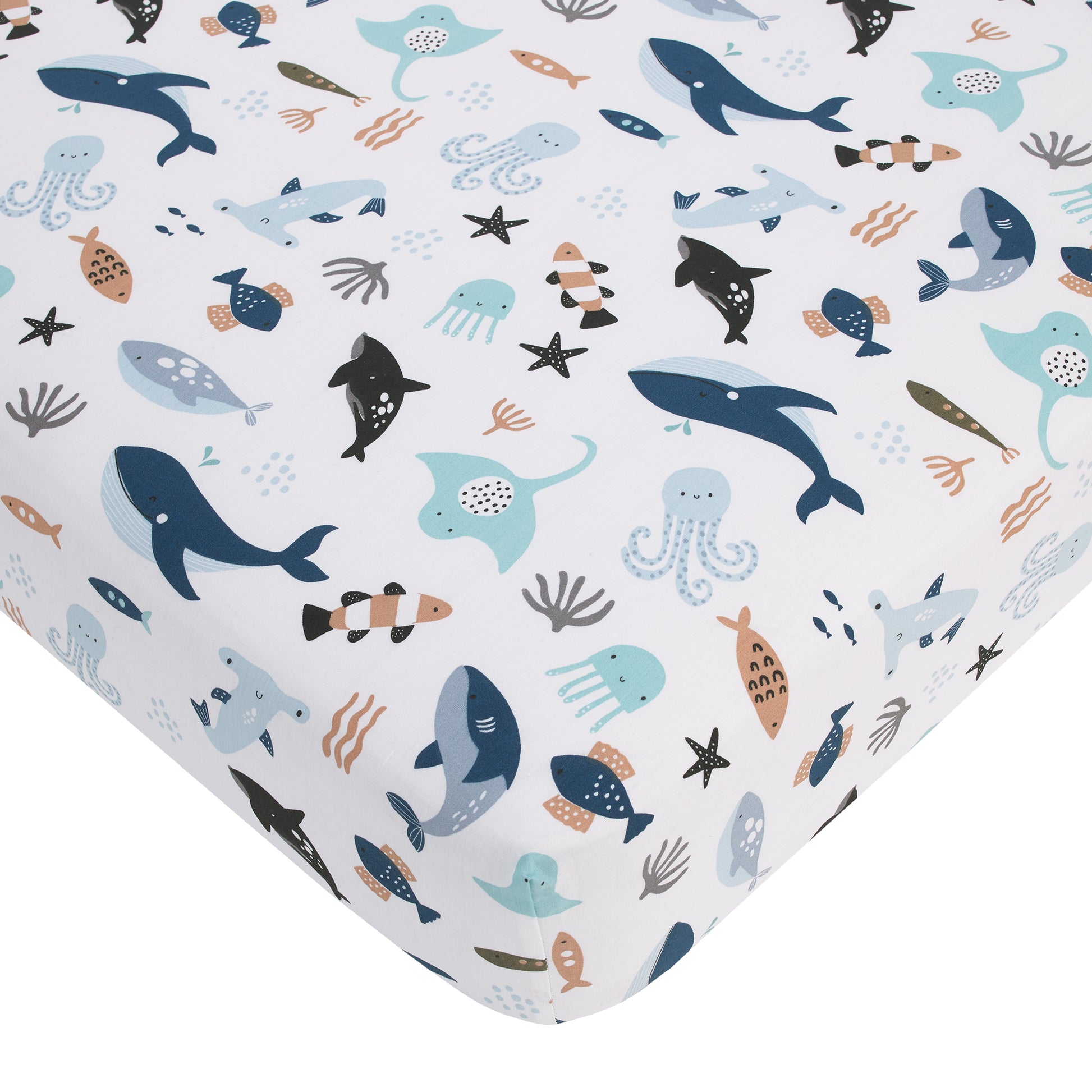 NoJo Explore Dream Discover Light Blue, Navy, Gray and Coral Ocean 4 Piece Nursery Crib Bedding Set - Comforter, 100% Cotton Fitted Crib Sheet, Crib Skirt and Nursery Organizer
