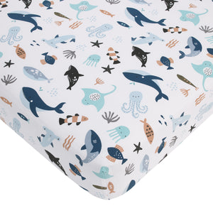 NoJo Explore Dream Discover Light Blue, Navy, Gray and Coral Ocean 4 Piece Nursery Crib Bedding Set - Comforter, 100% Cotton Fitted Crib Sheet, Crib Skirt and Nursery Organizer
