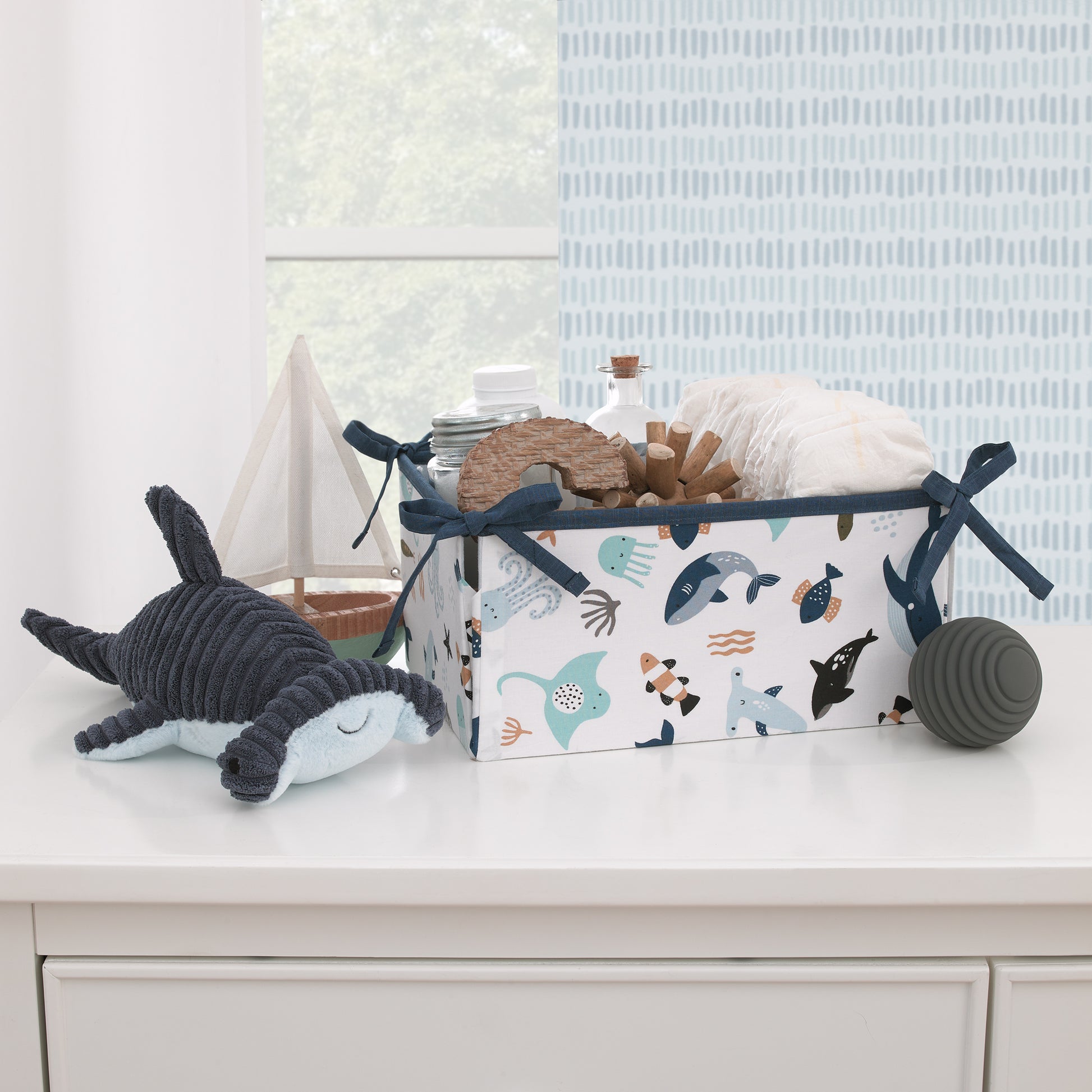NoJo Explore Dream Discover Light Blue, Navy, Gray and Coral Ocean 4 Piece Nursery Crib Bedding Set - Comforter, 100% Cotton Fitted Crib Sheet, Crib Skirt and Nursery Organizer