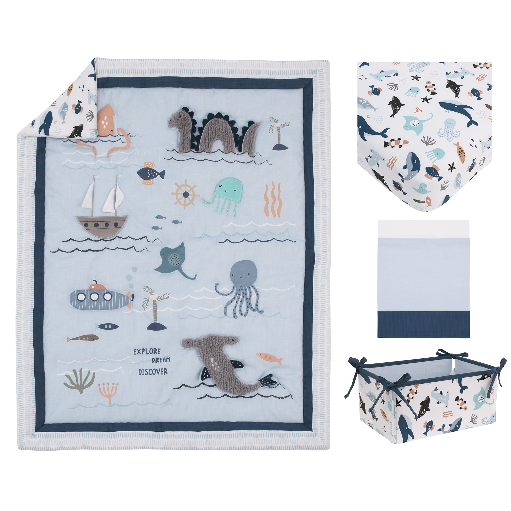 NoJo Explore Dream Discover Light Blue, Navy, Gray and Coral Ocean 4 Piece Nursery Crib Bedding Set - Comforter, 100% Cotton Fitted Crib Sheet, Crib Skirt and Nursery Organizer